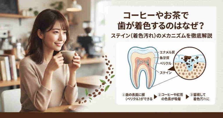 コーヒーを楽しみながら歯の着色対策を意識する女性