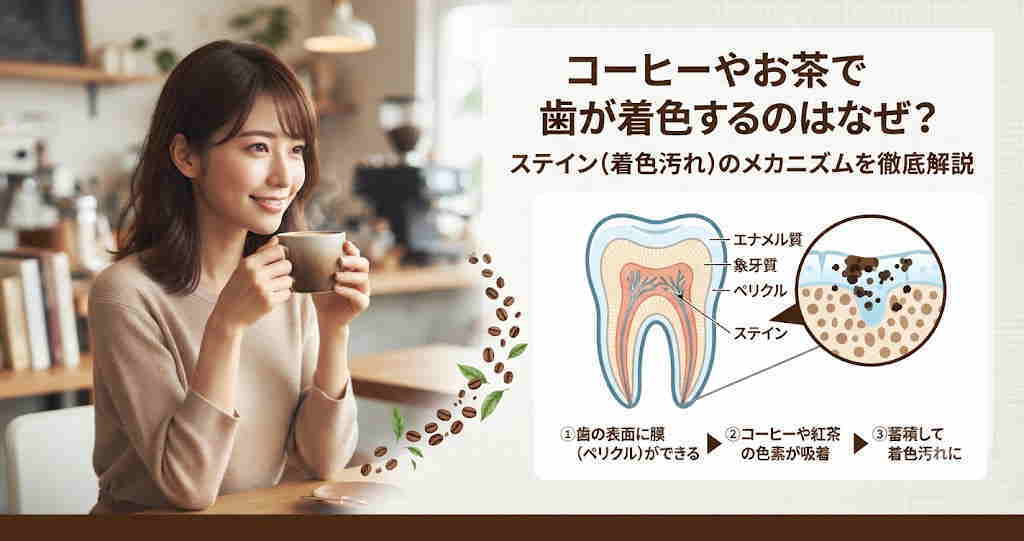 コーヒーを楽しみながら歯の着色対策を意識する女性