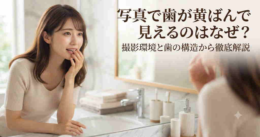 スマートフォンの写真で歯の色を確認する女性