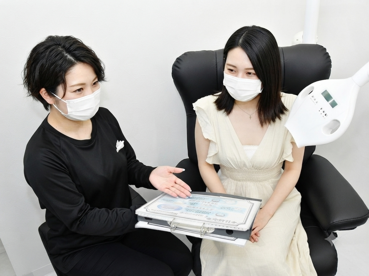 WhiteningBARでスタッフがお客様へセルフホワイトニングの利用方法を説明している様子