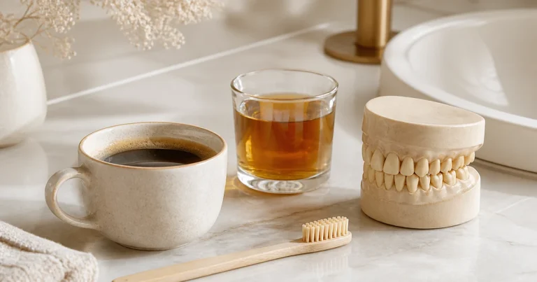 コーヒーと紅茶、歯ブラシと歯の模型を並べた着色ケアのイメージ