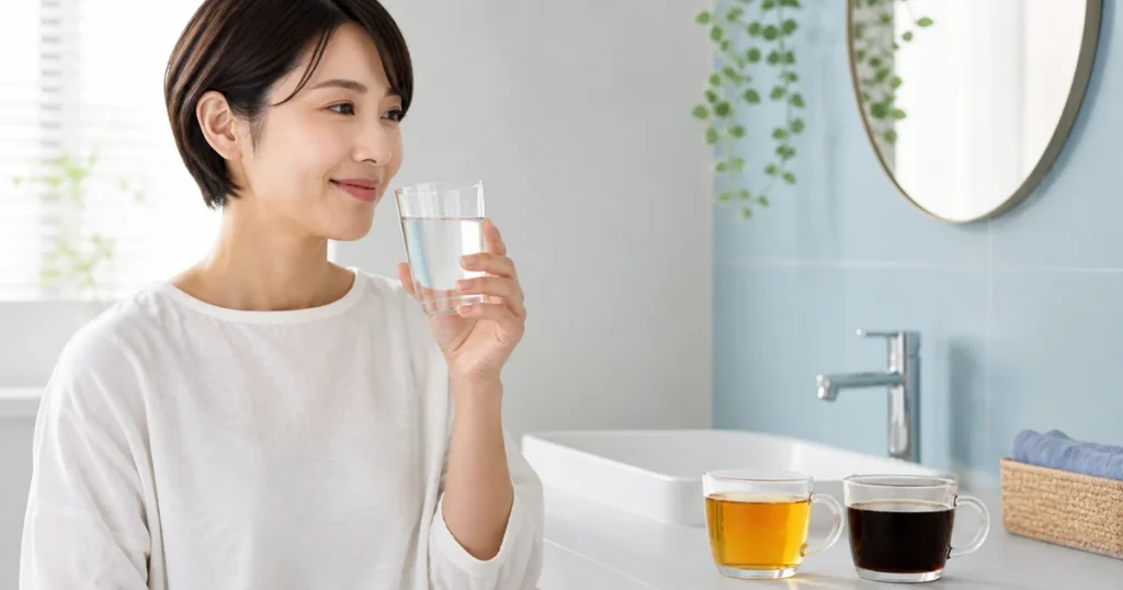 歯磨き後の飲み物として水・お茶・コーヒーを選ぶ様子
