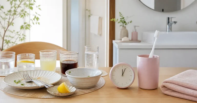 食後の食器と飲み物、歯ブラシ、時計を並べた歯磨きタイミングのイメージ