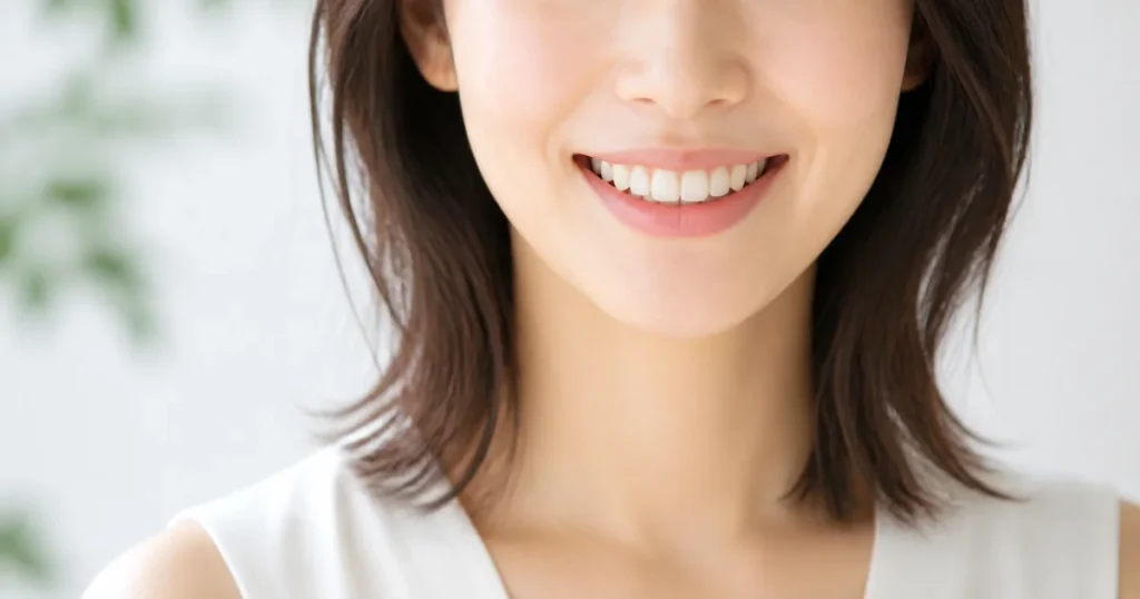 前歯と犬歯の自然な色の違いを確認する女性