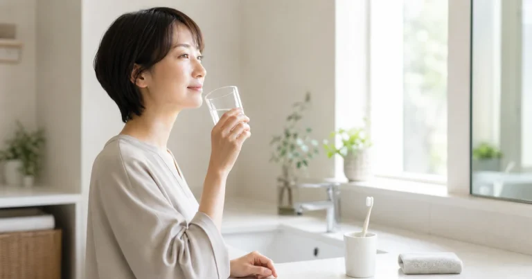口の乾きとオーラルケアを意識して水を飲む生活シーン