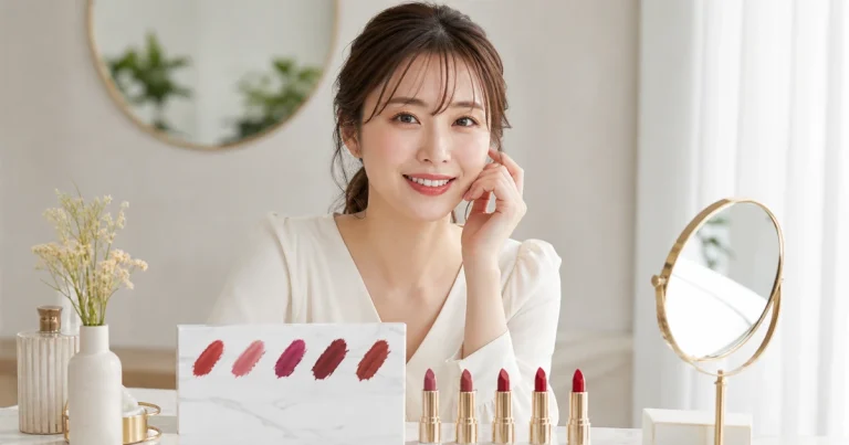 歯が明るく見えるリップカラーを選ぶ女性のイメージ