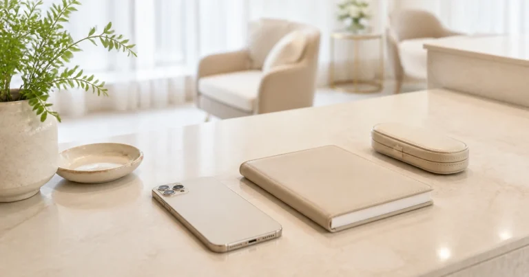 明るい受付のカウンセリングテーブルにスマートフォンと手帳、カードケースを配した料金プラン相談のイメージ