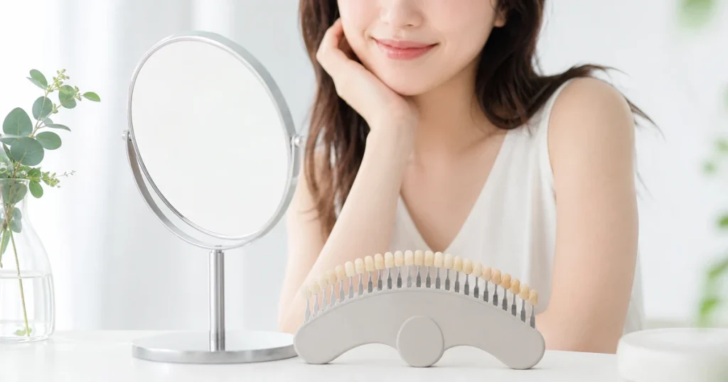 鏡とシェードガイドで歯の白さの測り方を紹介するイメージ